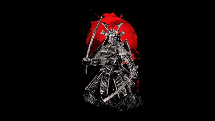 samurai illustration blood armor swords black background