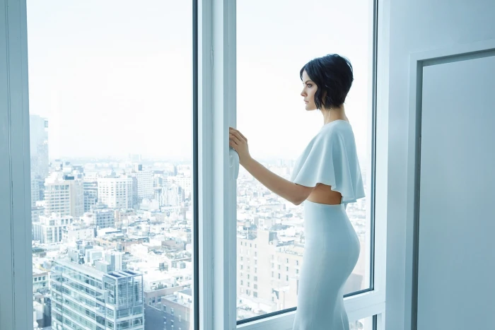 actress brunette white dress Jaimie Alexander women standing