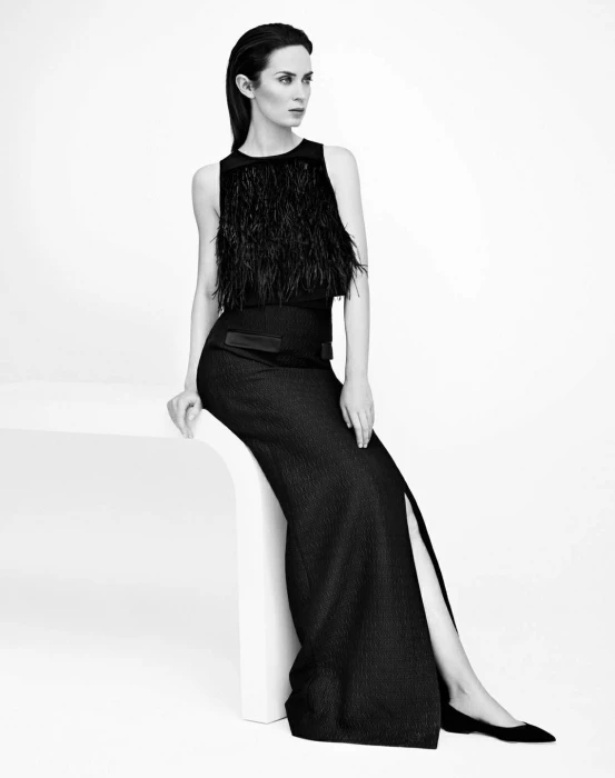 actress brunette women celebrity black dress sitting Emily Blunt
