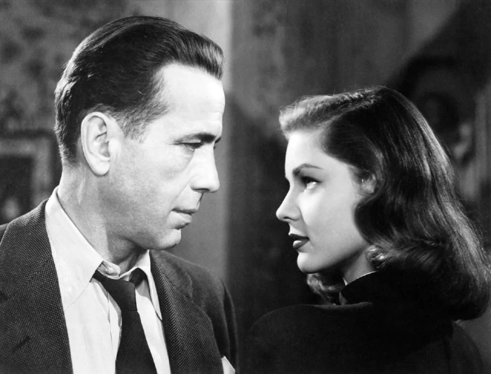 black and white photography of man wearing suit facing woman with dress