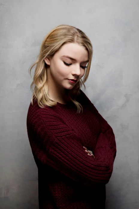 Anya Taylor Joy women actress blonde sweater simple background