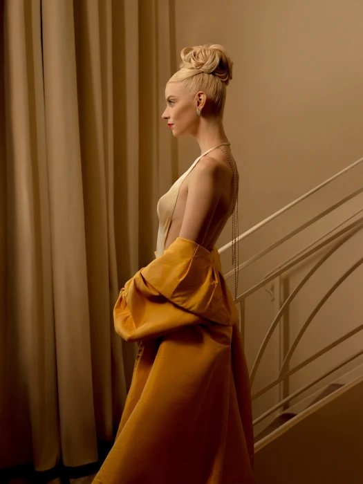 Anya Taylor Joy women actress blonde yellow dress indoors 6