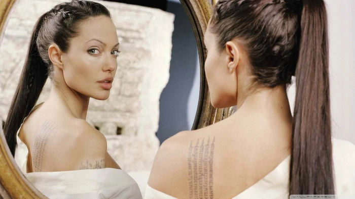 Angelina Jolie mirror face women actress tattoo young adult