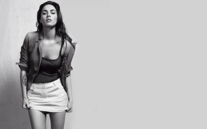 brunettes legs women eyes dress megan fox actress models skirts jackets monochrome faces body People Actresses HD Art