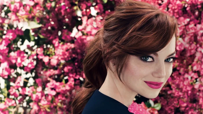 Emma Stone face blue eyes actress portrait flower one person