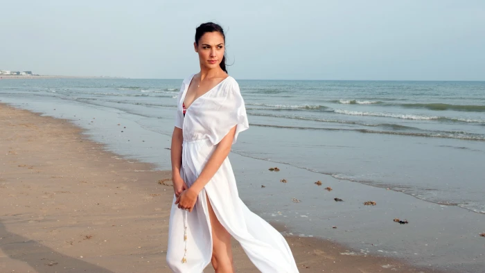 Gal Gadot women actress long hair sea brunette beach dress 2k