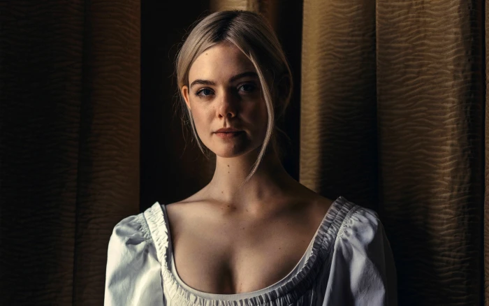 Elle Fanning actress white dress blonde looking at viewer 2k