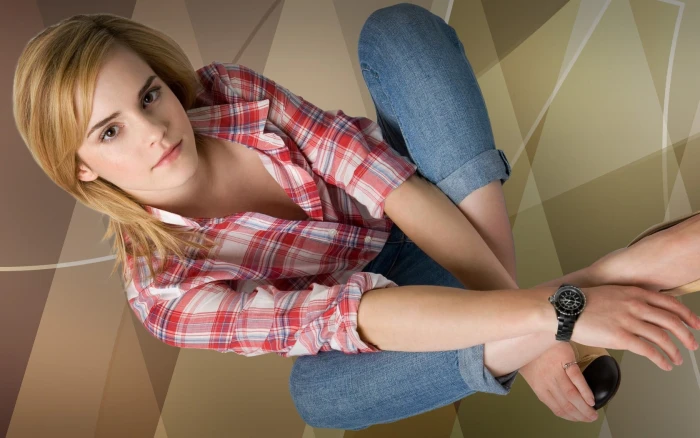 Emma Watson women blonde actress jeans shirt plaid looking at viewer