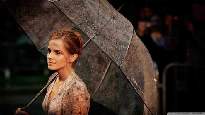 Emma Watson women umbrella brunette cleavage actress one person