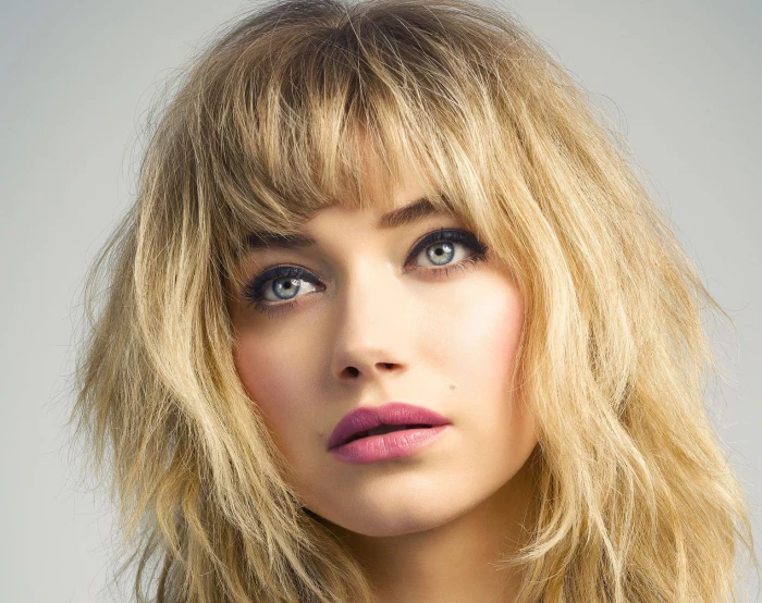 Imogen Poots women actress blonde blue eyes face simple background