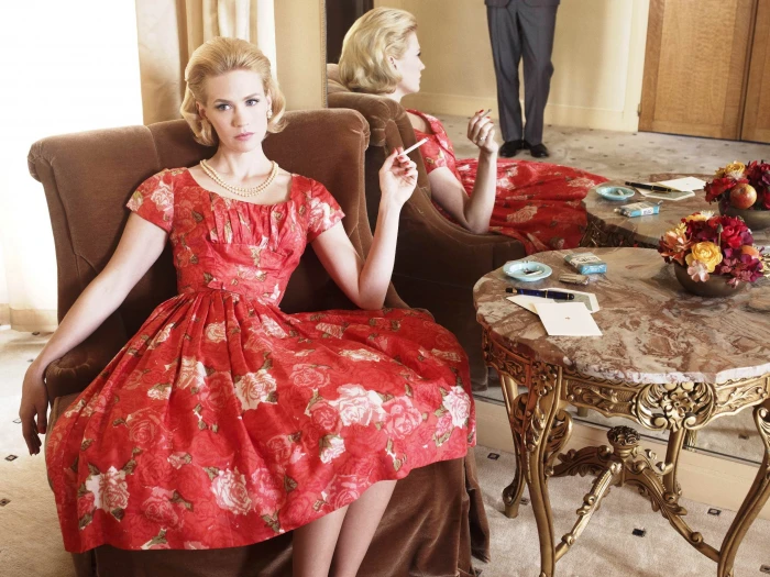 January Jones women blonde dress cigarettes Mad Men red 2k