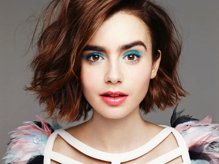 Lily Collins women celebrity actress eyeshadow red lipstick 2k