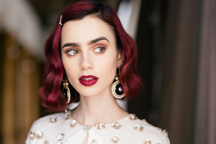 Lily Collins women celebrity actress redhead red lipstick 2k