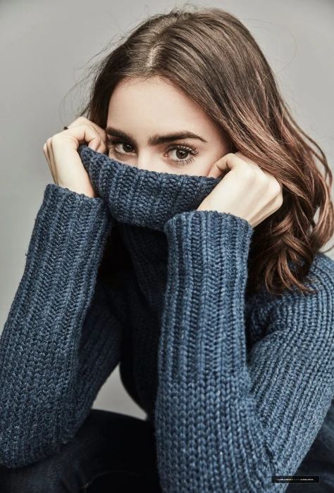 Lily Collins women celebrity actress turtlenecks long eyelashes
