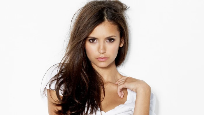 Nina Dobrev long hair actress women brunette brown eyes