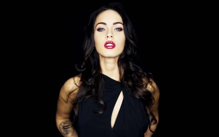 Megan Fox Actress Dark Hair Tattoo Eyeliner Red Lipstick