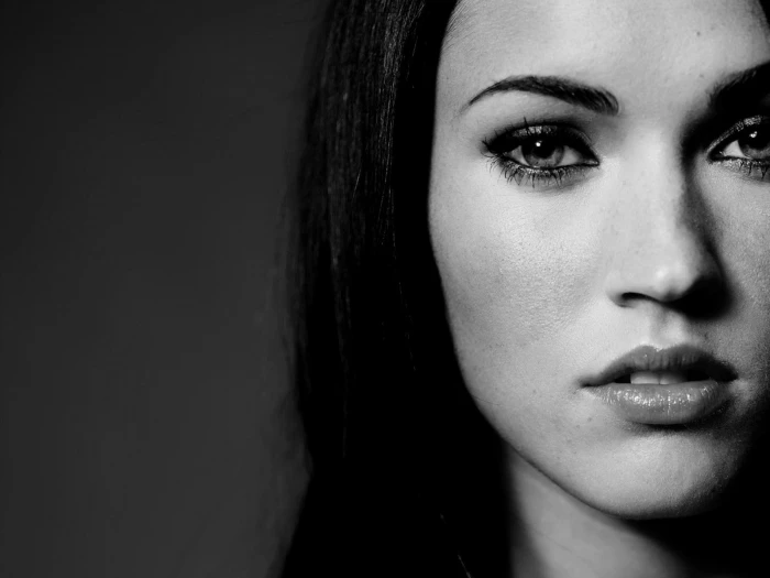 Megan Fox monochrome face actress portrait headshot looking at camera