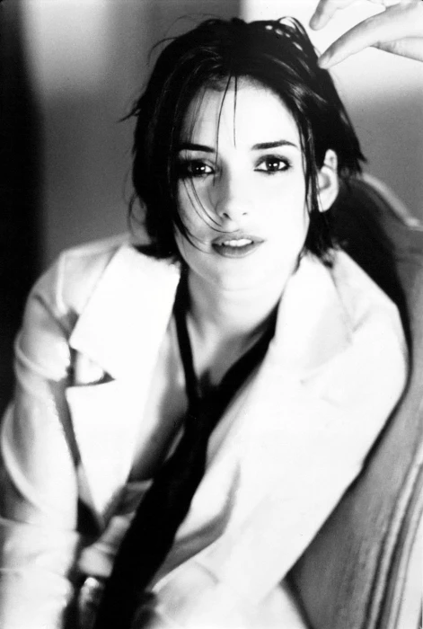 women actress monochrome Winona Ryder tie open shirt portrait