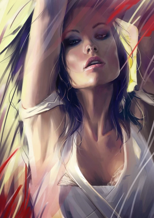 woman wearing white tank top painting Olivia Wilde drawing
