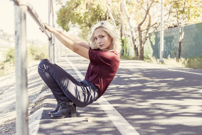 women outdoors actress Pom Klementieff blonde one person