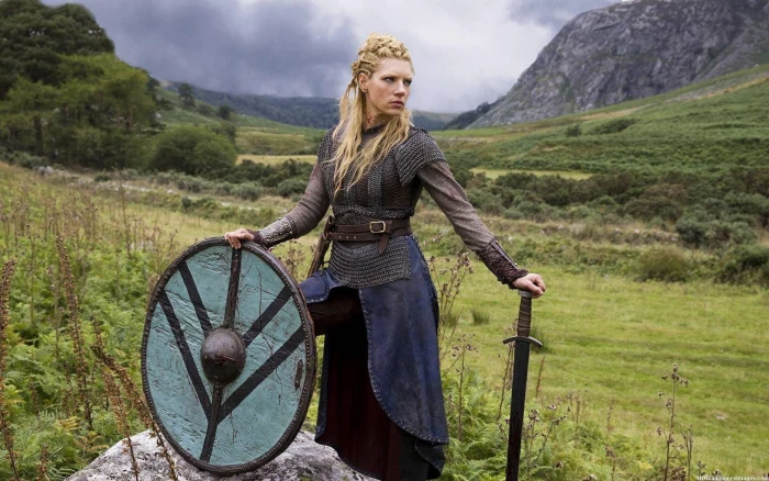 women outdoors Vikings TV series blonde sword landscape