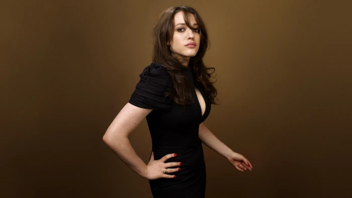 women's black dress Kat Dennings brunette actress brown background