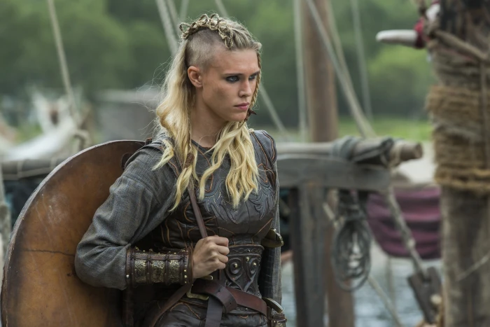 women's black leather suit and shield Vikings TV series Gaia Weiss 2k
