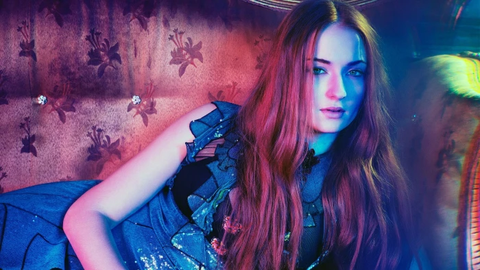 women Sophie Turner redhead actress dress lying down long hair