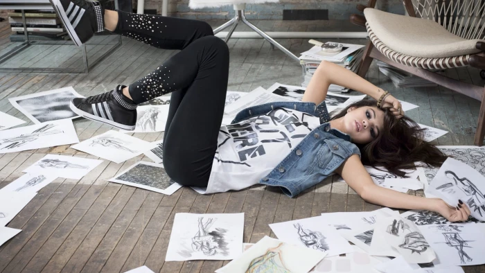 women's blue denim vest Selena Gomez celebrity actress singer