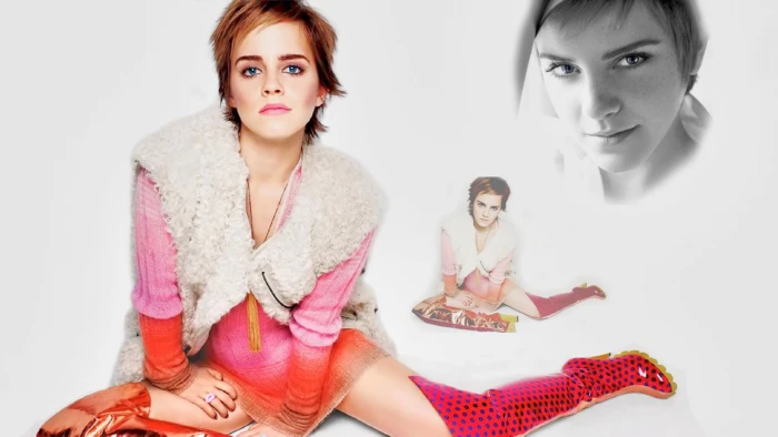 women's white fleece top Emma Watson collage actress young adult