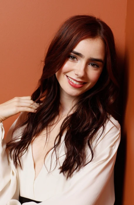 women's white long sleeved top Lily Collins celebrity brunette 5