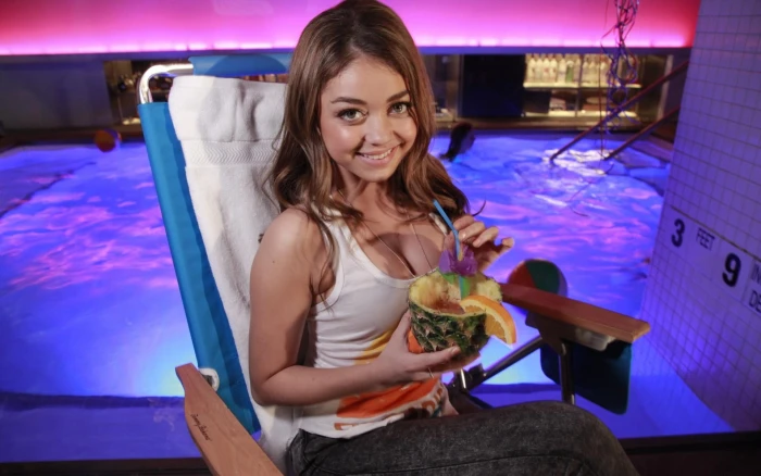 women's white tank top and gray pants Sarah Hyland cocktails