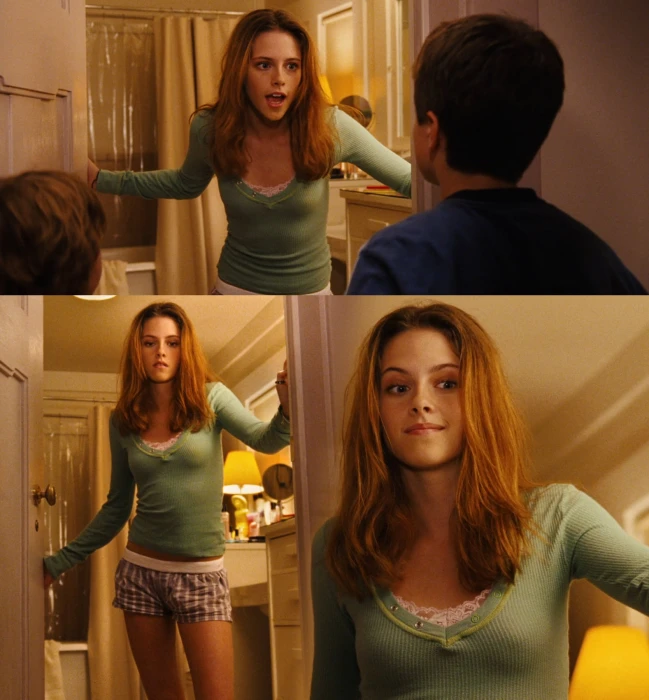 women's green scoop neck long sleeved shirt collage Kristen Stewart