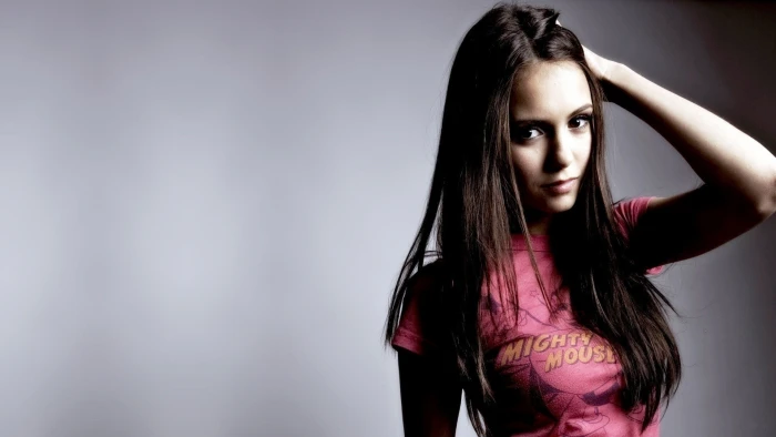 women's red crew neck shirt Nina Dobrev actress celebrity