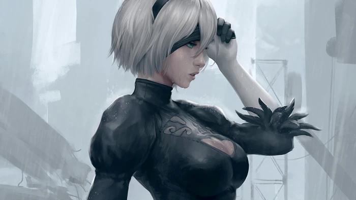 digital art blue eyes Nier Automata cleavage video games 2k