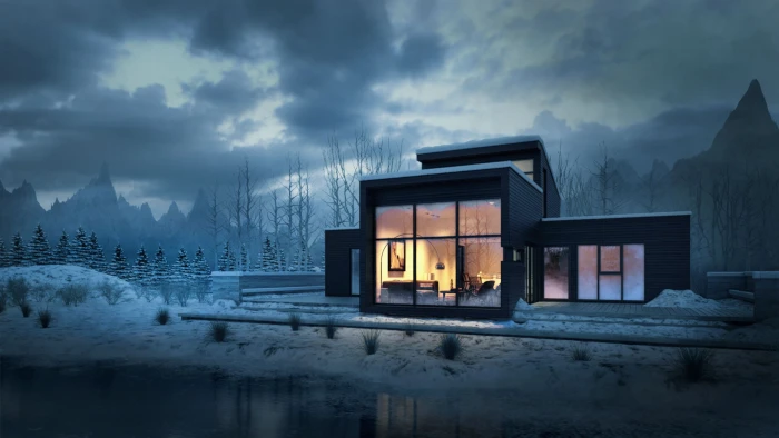 px architecture clouds house lake landscape Lights Modern mountains nature Pine Trees snow Entertainment Other HD Art 2k