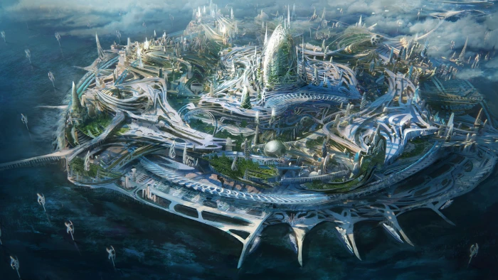 px digital art Futuristic City island science fiction Nature close up HD Art 2k