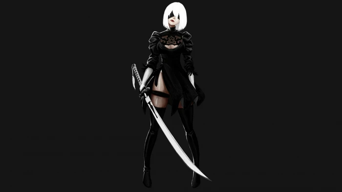white haired female character holding katana illustration Nier Automata 2k