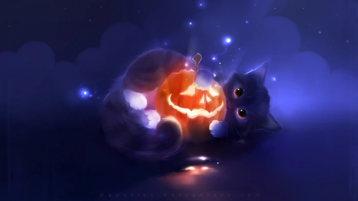 cat and Jack O' Lantern illustration Halloween Apofiss artwork 2k
