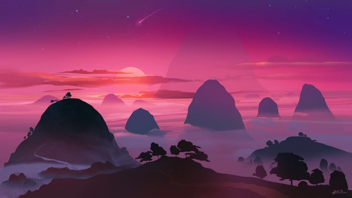 mountains illustration artwork sunset sky stars beauty in nature 2k