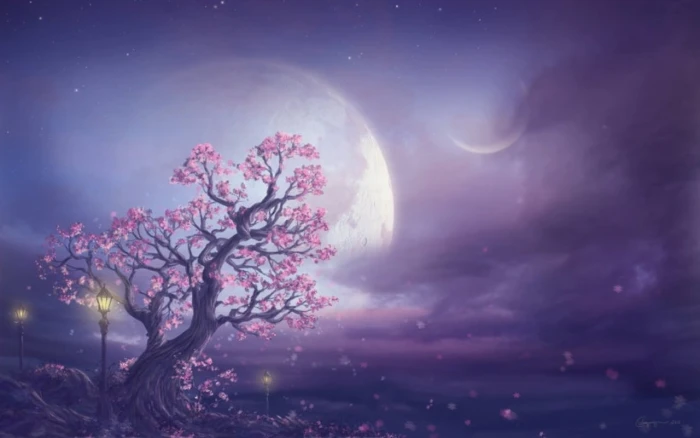 Pink Moon Fantasy Art cherry blossoms painting And Creative