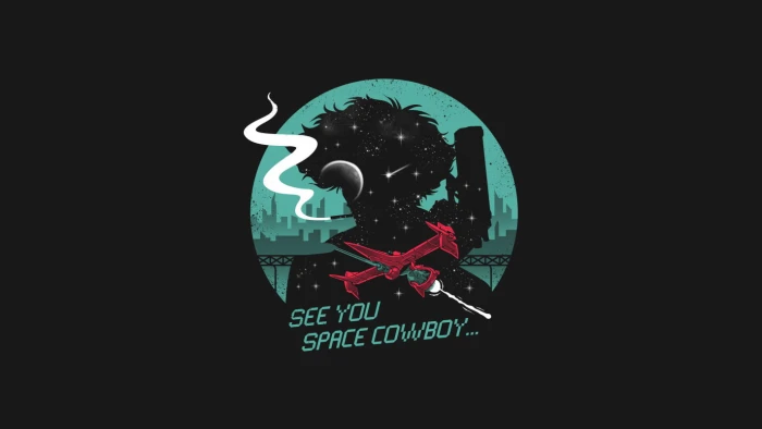 sea you space cowboy text on black background anime boys