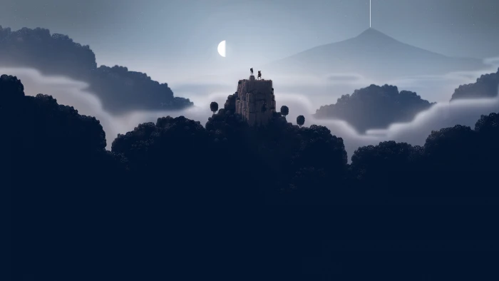 silhouette of castle surrounded by trees Moon Superbrothers Sword and Sorcery EP 2k