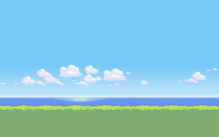 sky grass and body of water artwork pixel art green beach 2k