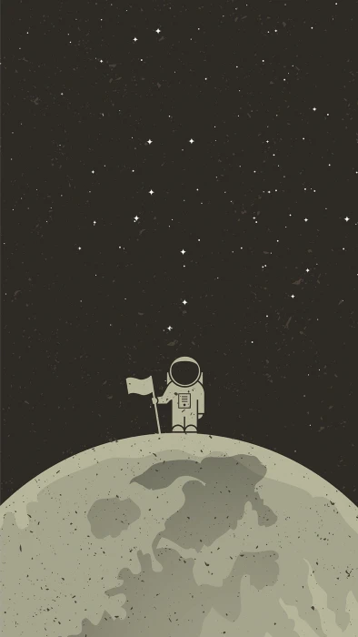 astronaut illustration person in space suit standing holding flag on moon