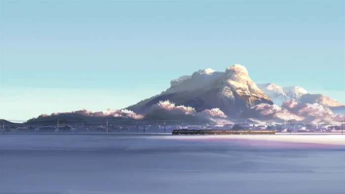 black and red train 5 Centimeters Per Second snow mountains 2k