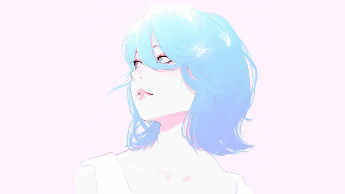 blue haired woman wearing white top digital wallpaper Ilya Kuvshinov 2k