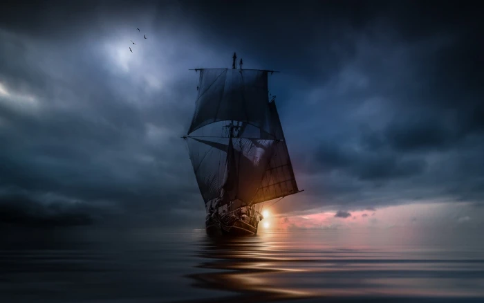 brown ship landscape nature sea clouds sunset sailing 2k