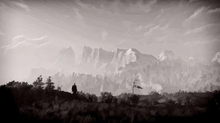 grascale photo of mountains The Witcher 3 Wild Hunt video games 2k