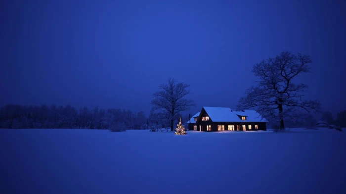 gray house photo of cabin in the middle snow covered field during nighttime 2k